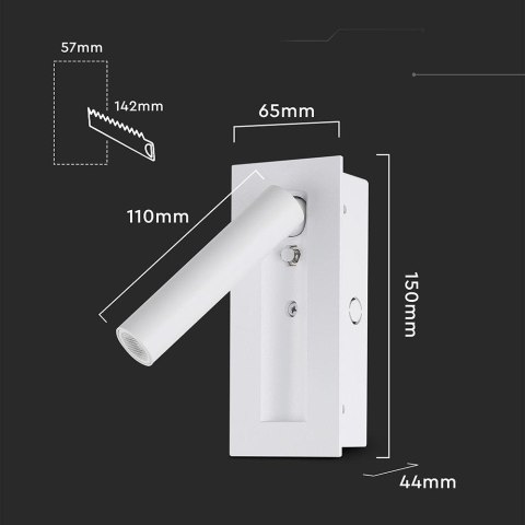 Oprawa LED V-TAC 2W COB CREE kinkiet biały hotel łóżko włącznik VT-88061-W 3000K 76lm 2 lata Gwarancji