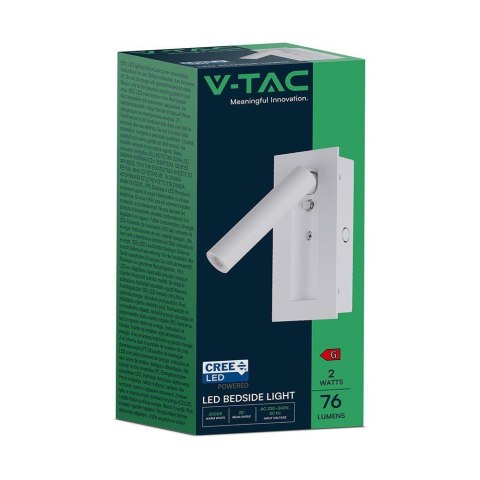 Oprawa LED V-TAC 2W COB CREE kinkiet biały hotel łóżko włącznik VT-88061-W 3000K 76lm 2 lata Gwarancji
