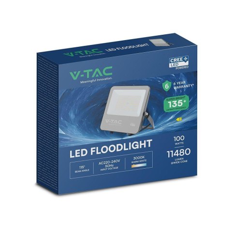 Projektor LED V-TAC CREE CHIP 100W 135lm/W czarna obudowa przewód 1m IP65 VT-44101 3000K 13500lm 6 lat gwarancji