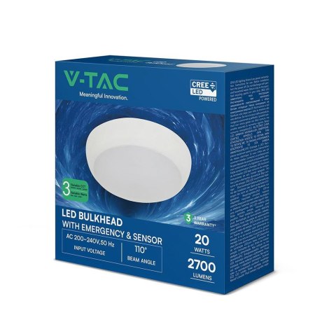 Plafon LED V-TAC czujnik/CCT/awaria 3godziny 8W/16W/20W CREE CHIP IP65 IK08 VT-8633 3000K-4000K-6400K 2700lm 3 lata gwarancji